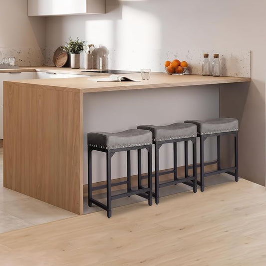 Counter Height Bar Stools Set of 3, Stools for Kitchen Island Set of 3, 24 Inch Counter Stool Saddle Backless Barstools for Kitchen Counter -Grey