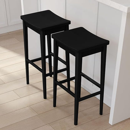Plank+Beam Smythe Bar Stool, 30", Set of 4, Sturdy Wood Modern Kitchen Bar Height Stool, Saddle Seat Backless Bar Chair, Metal Footrest, Black