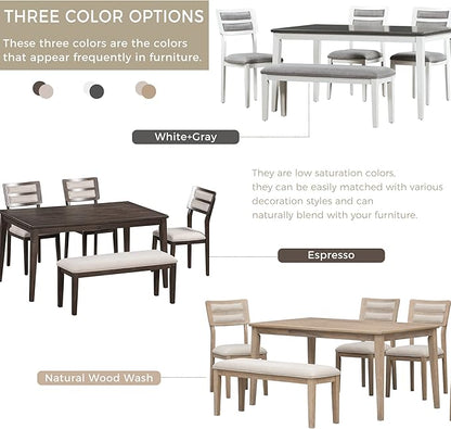 Ball & Cast 6 Piece Dining Table Set with 4 Upholstered Chairs & 1 Bench,Wooden Living Room Furniture W/ 60" Rectangle Kitchen Desk,for Restaurant,Home Bistro,Natural Wood Wash