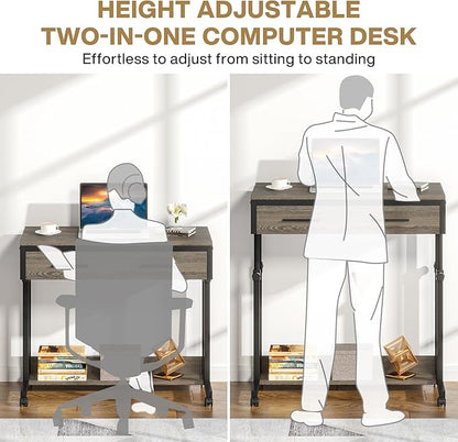 Tribesigns Portable Desk with Drawers, Mobile Laptop Desks with Wheels, Couch Desk Sofa Side Table, Small Standing Desks for Home Office (Retro Grey)