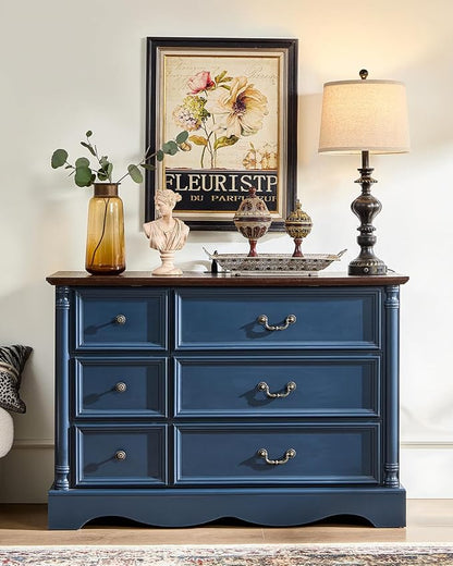 Farmhouse 6 Drawers Dresser for Bedroom with Charging Station, Wood Country Rustic Storage Dressers Organizer, Vintage Design