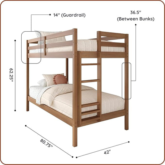 Grain & Grove Bear Twin Over Twin Bunk Bed, Sturdy Bunk Bed Frame for Kids, Plywood Bunk with Ladder, Guardrail, and Slats, No Box Spring Required, Oak Embossed Pecan