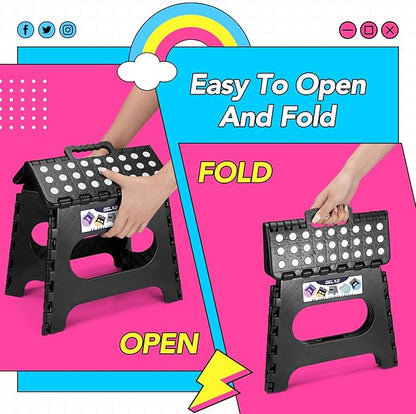 Delxo Folding Step Stool,11 Inch Non-Slip Foldable Step Stools,Portable Foldable Step Stool Lightweight Small Folding Stool with Handle for Kitchen Bathroom in Black,1 Pack