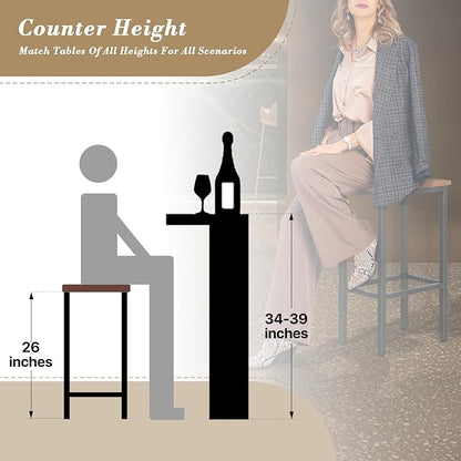 Athena Collection Bar Stools Set of 2, 26 Inches Counter Height Bar Stools Backless with Metal Legs and Footrest, Wood Barstools for Home, Kitchen Island, Counter, Brown
