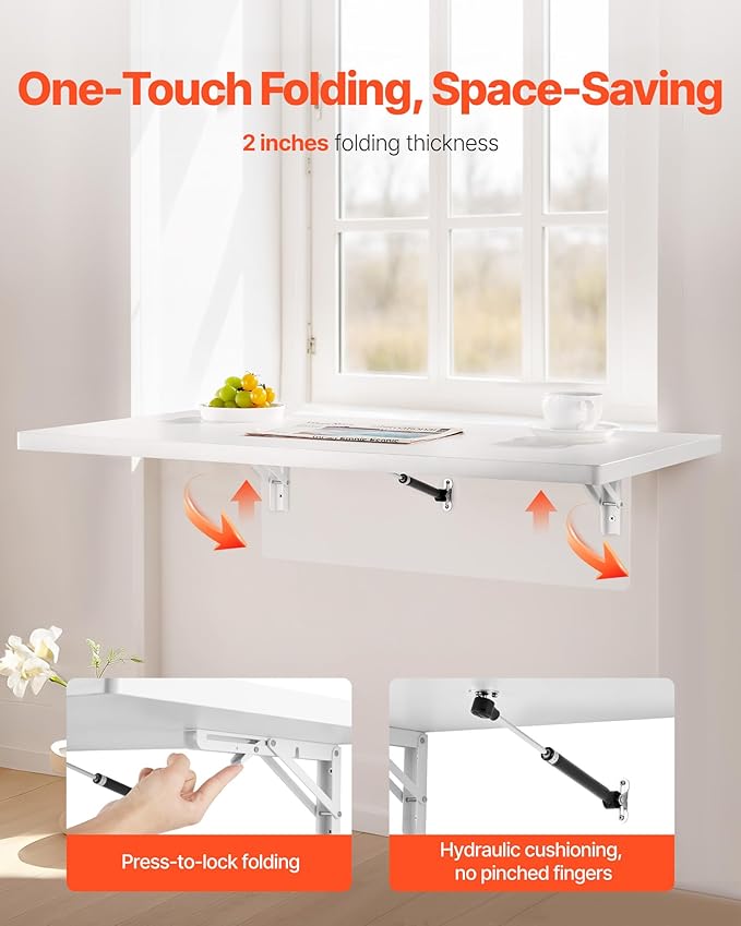 VEVOR Wall Mounted Folding Table, 35.4 x 19.7 inches Wall Mount Table, Floating Desk with Iron Bracket for Small Spaces, Home Office, Dining, Laundry Room, Kitchen, Bar, White
