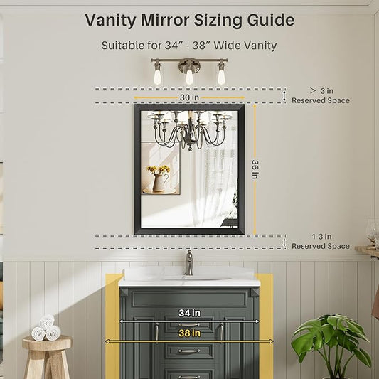 36x30 Inch Black Bathroom Mirror for Wall, Thick Metal Framed Rectangle Mirrors for Over Sink, Bedroom, Living Room, Entryway, Anti-Rust, HD Tempered Glass