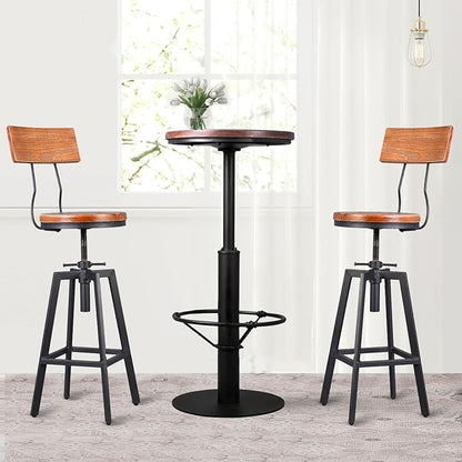 Industrial Bar Stools with Wood Backrest 25-32inch Height Adjustable Kitchen Island Dining Chair Extra Guest Stool Swivel Wooden Seat(Set of 2)