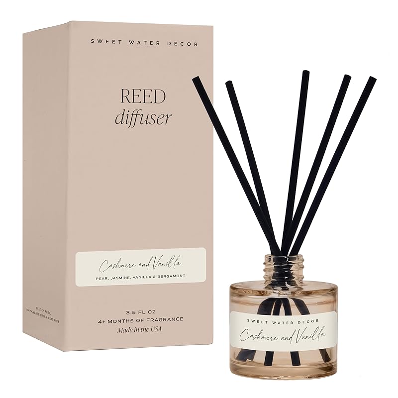 Sweet Water Decor Cashmere and Vanilla Reed Diffuser – Room Decor Aesthetic with Long-Lasting Premium Fragrance of Milky Coconut, Jasmine, Soft Cashmere, and Pear, for 4 Months – Ideal for Home Decor