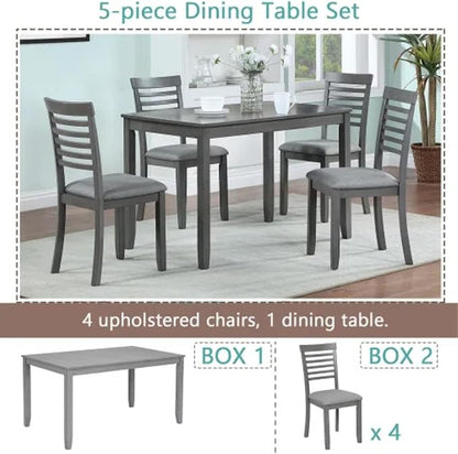 5-Piecern Dining Table Set, Kitchen Set with One Rectangular Table and 4 Upholstered Chairs, Living Room Chairs with Ladder Backrest and Comfortable Seat Cushion, Wooden Dining Furniture, Gary
