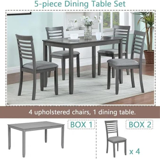 5-Piecern Dining Table Set, Kitchen Set with One Rectangular Table and 4 Upholstered Chairs, Living Room Chairs with Ladder Backrest and Comfortable Seat Cushion, Wooden Dining Furniture, Gary
