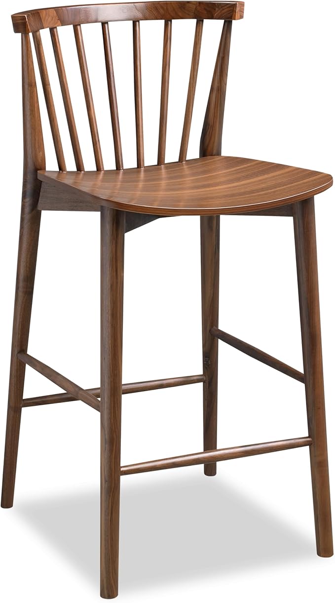 POLY & BARK Ligna Counter Stool Walnut – Mid-Century Inspired Stool with Sculpted Spindle Back – Solid American Oak Frame and Engineered Wood Veneered Seat – Fully Assembled and Ready to Use