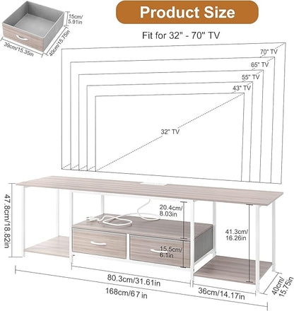 TQVAI 70 Inch TV Stand - Farmhouse Entertainment Center with Fabric Drawers Storage & Charging Station, Media Console Table for Bedroom, Living Room, Retro Grey/White