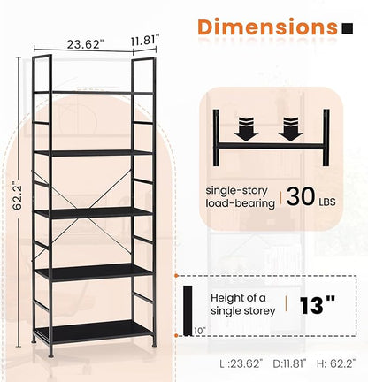 DUMOS 5-Tier Book Shelf Tall Modern Bookcase Set of 2 for Books, CDs, Movies, Storage and Organization Bookshelf Industrial Home Decor for Bedroom Office Kitchen Living Room, Black & Brown