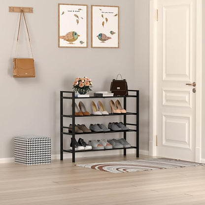 Haddockway Bamboo Shoe Rack for Closet, Free Standing Shoe Organizer with Smooth Round Rods & Convenient Handles, Stackable Shoe Storage Shelf for Entryway, Hallway(Black, 4-Tier)