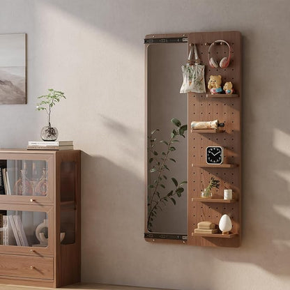 KungFuWood Full Length Mirror with Shelf and Hooks,Entry Way Mirrors for Wall,Wall Mirror with Shelf,Wall Mirror with Storage Multifunctional Design Panel,Living Room