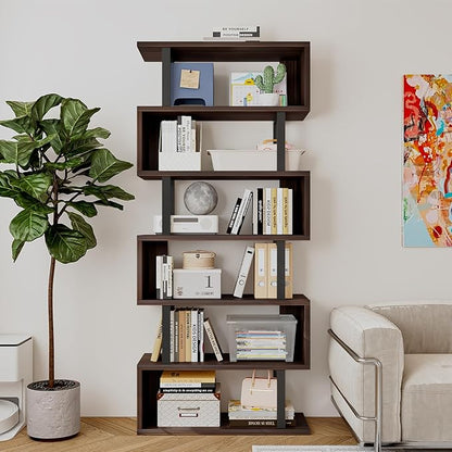 SORCEDAS Bookshelf Geometric Bookcase S Shaped Industrial Bookshelf Storage Display Stand Shelf for Living Room Bedroom and Office Room (Black, 6 Tier)