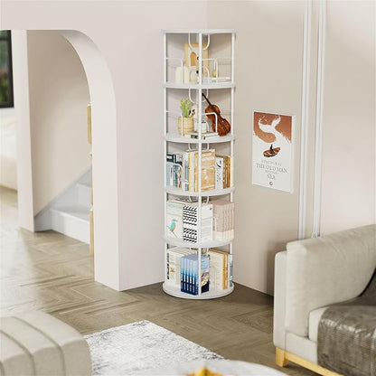 5 Tier Rotating Bookshelf, 360 ° Display Stackable Spinning Bookshelf Tower, Corner Bookshelf Tall Floor Standing Swivel Bookcase Narrow Storage Organizer for Bedroom, Living Room, White