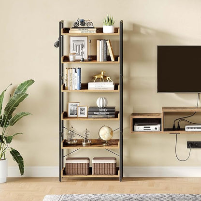 Rolanstar Bookshelf 6 Tier with 4 Hooks, Industrial Bookcase, Vintage Storage Rack with Open Shelves, Rustic Standing Bookshelves Metal Frame Display Rack for Living Room, Bedroom, Rustic Brown