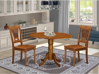 East West Furniture DLPL3-SBR-W 3 Piece Dining Table Set for Small Spaces Contains a Round Dining Room Table with Dropleaf and 2 Wood Seat Chairs, 42x42 Inch, Saddle Brown