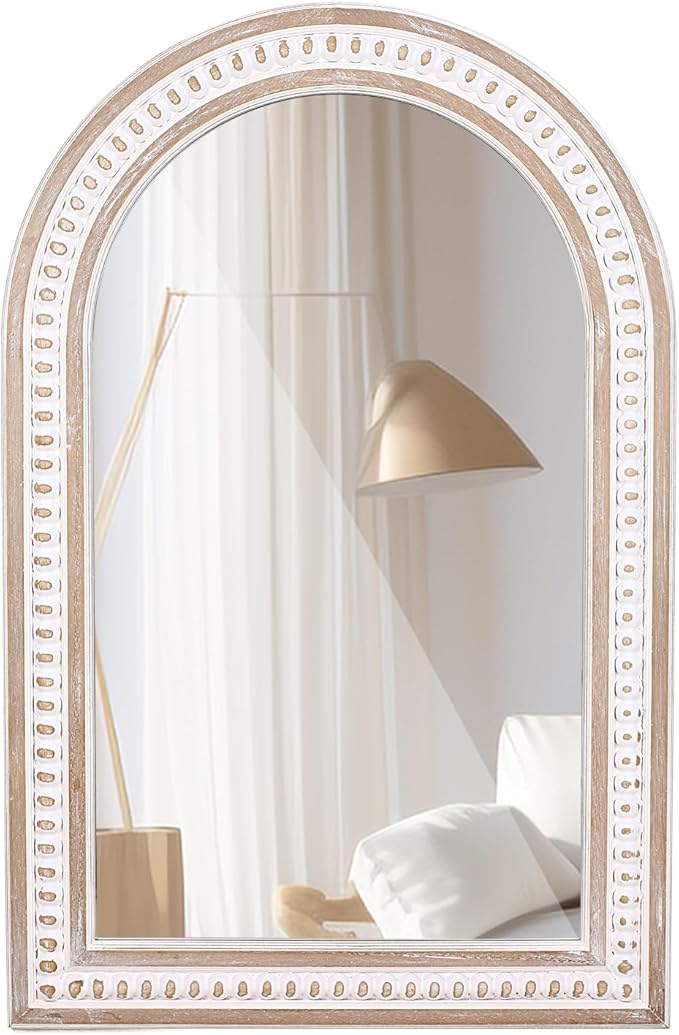 36x24 Boho Wooden Arched Wall Mirror with Beaded, Rustic Farmhouse Decorative Arch Mirrors for Bathroom Vanity, Living Room, Entryway, or Foyer