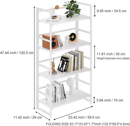 BHG Vintage Multifunctional Folding Bookshelf, No-Assembly Plant Stand Storage Rack Shelves for Home Office (All White, 4-Tier)
