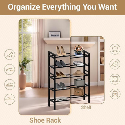 Haddockway Bamboo Shoe Rack for Closet, Free Standing Shoe Organizer with Smooth Round Rods & Convenient Handles, Stackable Shoe Storage Shelf for Entryway, Hallway(Black, 5-Tier(Small))
