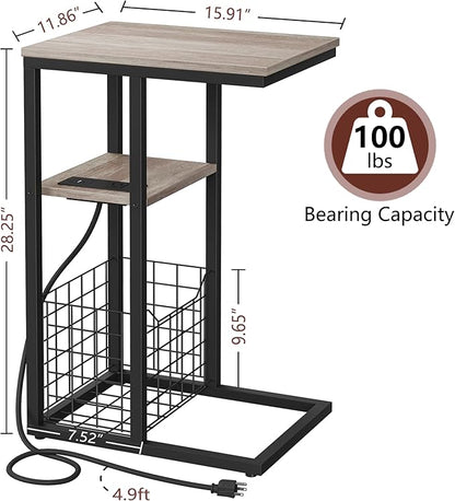 Vagusicc C Shaped End Table with Charging Station, Side Table for Couch, Small Side End Table for Small Spaces, 28" High Slide Under Sofa Table for Coffee, Tv Tray Table for Living Room, Greige