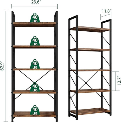 Shintenchi 5 Tiers Bookshelf, Classically Tall Bookcase Shelf, Industrial Book Rack, Modern Book Holder in Bedroom/Living Room/Home/Office, Storage Rack Shelves for Books/Movies-Rustic Brown