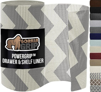 GORILLA GRIP powerGRIP Drawer Shelf and Cabinet Liner, Thick Strong Hold, Non-Adhesive Liners Protect Kitchen Cabinets and Cupboard, Bathroom Drawers, Easy Install, Breathable Mat, 12" x20', Chevron