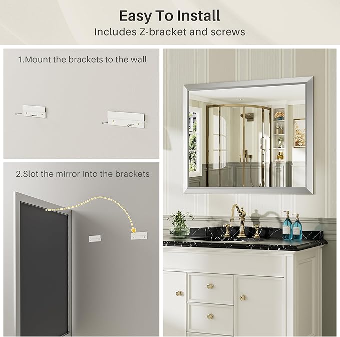40x36 Inch Silver Bathroom Mirror for Wall, Thick Metal Framed Rectangle Mirrors for Over Sink, Bedroom, Living Room, Entryway, Anti-Rust, HD Tempered Glass