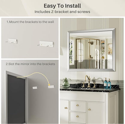 55x30 Inch Silver Bathroom Mirror for Wall, Thick Metal Framed Rectangle Mirrors for Over Sink, Bedroom, Living Room, Entryway, Anti-Rust, HD Tempered Glass