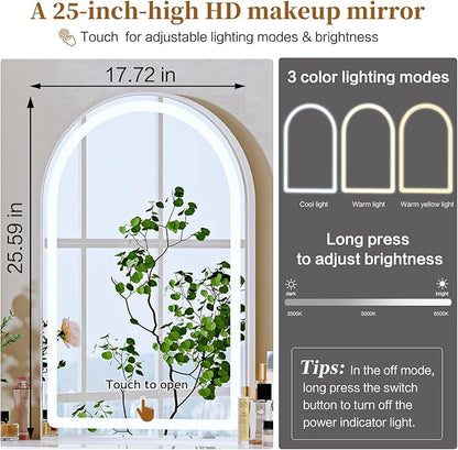 White,Vanity Desk with Mirror and Lights,Makeup Vanity with Power Outlet and Adjustable Cabinet,Modern Makeup Table with 3 Drawers for Bedroom Makeup Room