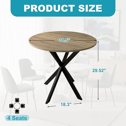 31.5" Round Dining Table for 4, Modern Small Dinner Table Farmhouse Round Kitchen Tables with Metal Legs for Dining Room, Kitchen, Living Room, Rustic Brown & Black