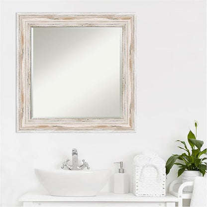 Amanti Art White Bathroom Mirror for Over Sink, 25x25 Alexandria White Wash Square Vanity Mirror, Medium Coastal Wood Frame, Hangs Horizonally and Vertically, Bathroom Wall Decor, Beveled Edge from WI