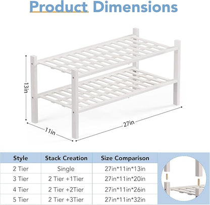 Haddockway 2 Tier Bamboo Shoe Rack Storage Organizer, Multifunctional Free Standing Stackable Shoe Shelf with Grid Panel for Closet,Hallway,Entryway,Small Space 27"x11"x13" (White, 2 Tier)