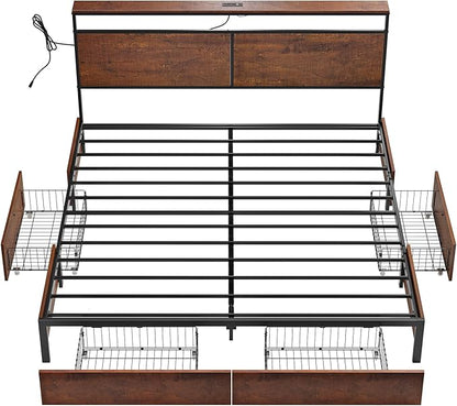 King Bed Frame with Storage Headboard and 4 Drawers Bed Frame King Size with Charging Station LED Lights Metal Platform Non-Slip Without Noise No Box Spring Needed