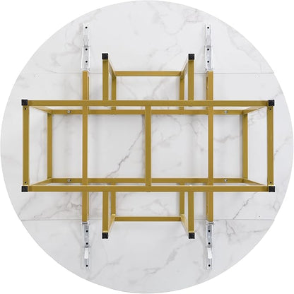 Merax 47.2” Round Dining Table Set for 4, Foldable Kitchen Dining Table with 11.8” Drop Leaves, Faux Marble Top with Golden Frame, 4 Upholstered Chairs (White+Black)