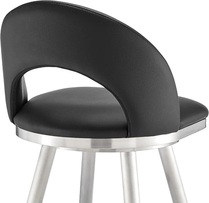 Armen Living Charlotte Swivel Bar Stool in Brushed Stainless Steel with Black Faux Leather