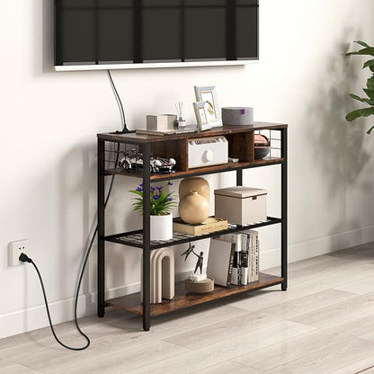 Console Tables with Charging Station, 4 Tier Narrow Sofa Tables with Storage Shelves, Entryway Tables with Outlet and USB Ports, Behind Couch Table for Living Room Hallway, Rustic Brown