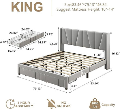 King Bed Frame with Storage Drawers, Upholstered Platform Bed with Headboard and Wingboard, No Box Spring Needed, NO Noise, Easy Assembly, Wooden Support Slats,Light Grey