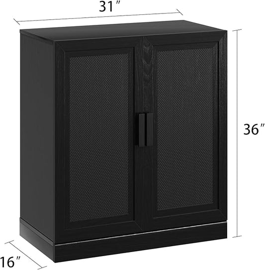 Buffet Cabinet, 2-Doors Sideboard Cabinet with Rattan Panels, Buffet Console Accent Table for Hallway Entryway Dining Room, 36", Black