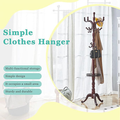 Solid Wood Coat Rack Freestanding, 77" Adjustable Hall Tree Hanger With Hooks, Coat Hanger Stand for Hanging Clothes Bags Hats in Living Room Bedroom