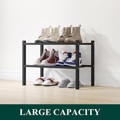 Smiry Shoe Rack, 2 Tier Small Bamboo Shoe Organizer, Stackable Free Standing Wooden Shoe Storage Shelf for Closet, Entryway, Front Door Entrance, Black