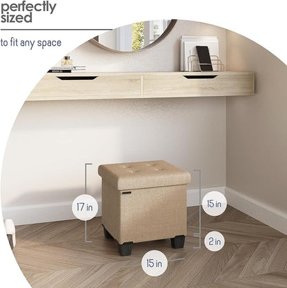 STORAGEBUD Storage Ottoman Cube with Small Bin, 16-in Square Ottoman with Storage for Living Room and Bedroom, Small Ottomans Foot Rest, Fabric Foot Stools Ottomans Max 330lbs, Taupe