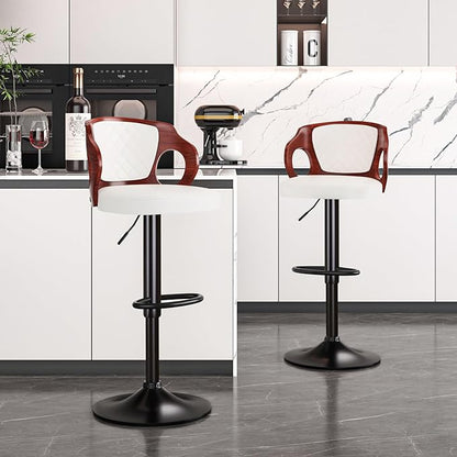 VECELO BarStools Set of 2,Counter Height Stools with Bentwood Back&Arm, Swivel Barstools,PU Leather Kitchen Island Stools, Adjustable Height Bar Chairs for Club Pub Dining Room,Pearl White