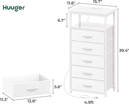 Huuger White Dresser with 5 Drawers & Charging Station, Tall Dresser for Bedroom, Tall Night Stand with PU Leather Finish, Open Shelf, Nightstand for Bedroom, Closet, Hallway, Entryway