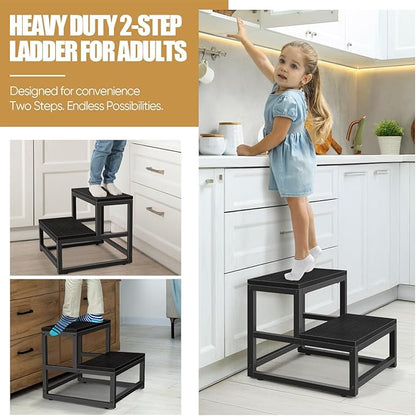 Wood and Metal 2 Step Stool for Adults & Kids – Heavy Duty Rustic Step Stools, 500 Lbs Capacity Non-Slip Stepping Stool for High Beds, Kitchen, Bathroom, Closet, Durable Foot Stool for Home Use,Black