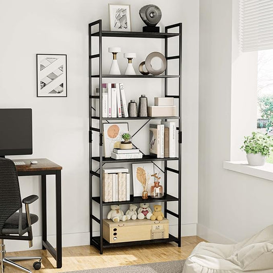 OTK 6 Tier Adjustable Bookshelf, Tall Bookcase, Office Shelf Storage Organizer, Modern Book Shelf for Living Room, Bedroom, and Home Office, Black