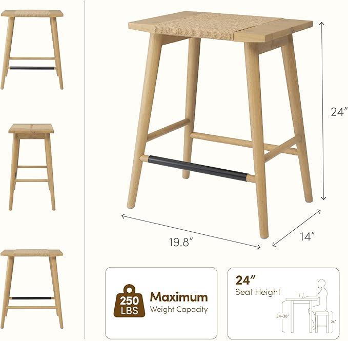 Thor Wicker Counter Height Wooden Counter Stool with Hand-Knitted Rope, K/D, Backless Island 24" Wicker Stool for Kitchen, Light Oak, Solid Wood, Eco-Friendly, Modern Design (Light Oak)