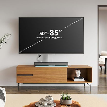 FITUEYES Universal TV Stand with Power Outlets for 50-85 inch TVs, Swivel&Height Adjustable Tall TV Stand for Bedroom Living Room, 27.5''Large Tempered Glass Base Holds up to 143 lbs, Ivory White